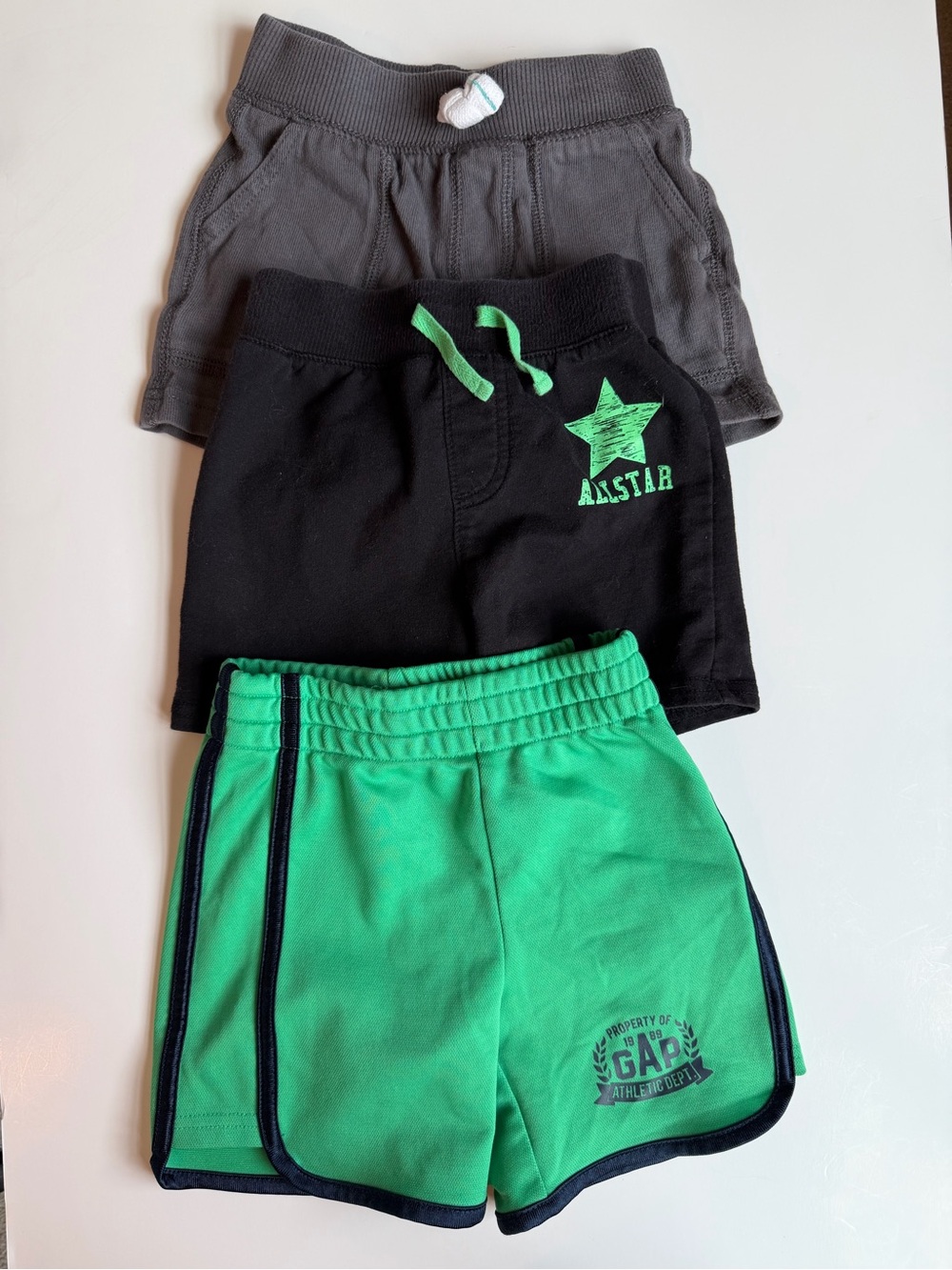 3/$15 | Athletic Kids Shorts- 3-Pieces in Black, Green, and Gray